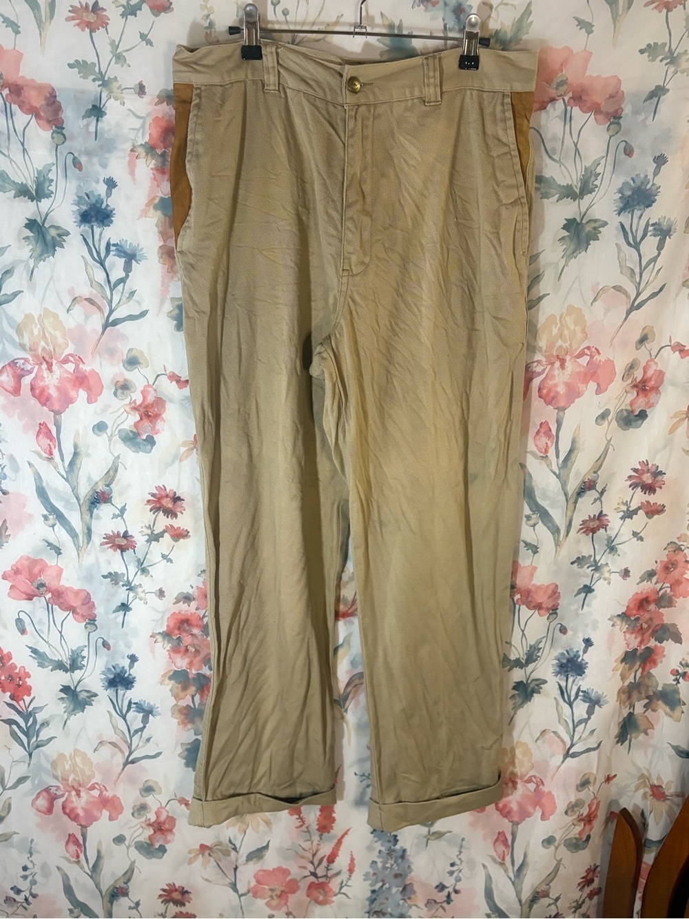 Vintage Orvis Men's Tan Chinos with Contrast Leather Side Panels